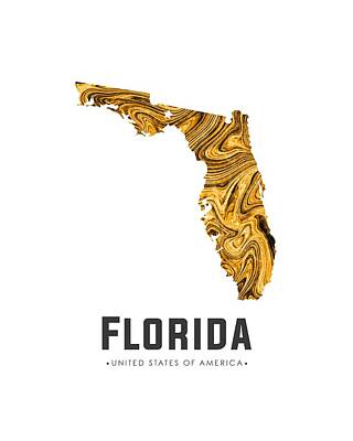 Abstract Mixed Media - Florida Map Art Abstract in Yellow Gold by Studio Grafiikka