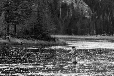 Sports Photos - Fly Fishing Yellowstone WY B W by Steve Gadomski