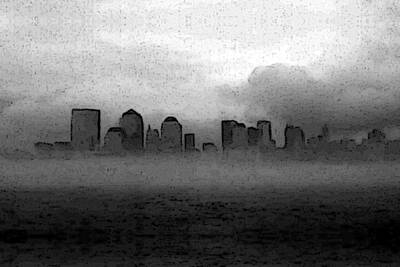 Abstract Skyline Digital Art Rights Managed Images - Foggy Manhatten Black and white Royalty-Free Image by Keshava Shukla