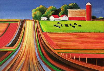 Landscapes Paintings - Folk Art Farm by Toni Grote