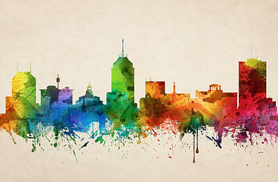 Skylines Paintings - Fresno California Skyline 05 by Aged Pixel