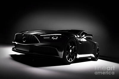 Sports Photos - Front view of modern black sports car in a spotlight. by Michal Bednarek