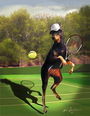 Sports Paintings - funny pet scene tennis playing Doberman by Regina Femrite