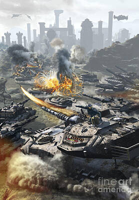 Cities Digital Art - Futuristic Hover Tank Assaulting by Kurt Miller