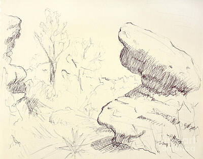 Mountain Drawings - Garden of the Gods Rocks Along the Trail ink drawing on toned pa by Adam Long