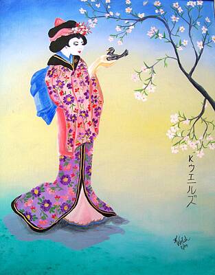 Whats Your Sign Royalty Free Images - Geisha with Bird Royalty-Free Image by Kathern Ware
