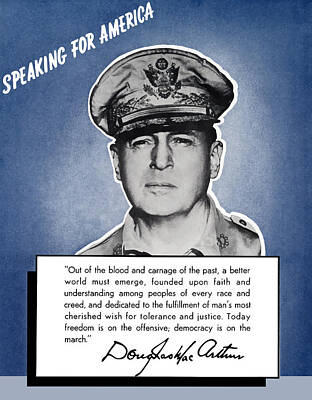 Landmarks Painting Royalty Free Images - General MacArthur Speaking For America Royalty-Free Image by War Is Hell Store