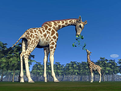 Black And White Rock And Roll Photographs - Giraffe mum feeding giraffon - 3D render by Elenarts - Elena Duvernay Digital Art
