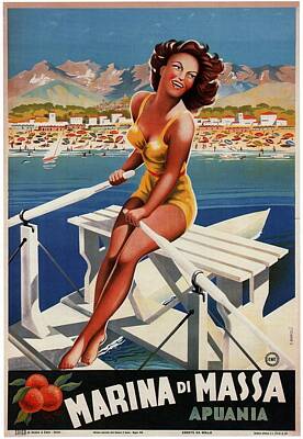 Beach House Shell Fish - Girl Rowing a boat in Marina di Massa, Italy - Vintage Travel Poster by Studio Grafiikka