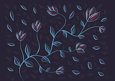 Abstract Flowers Digital Art - Glowing Blue Abstract Flowers by Boriana Giormova