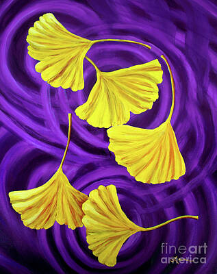 Laura Iverson Royalty-Free and Rights-Managed Images - Golden Ginkgo Leaves on Purple by Laura Iverson