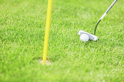 Sports Photos - Golf ball and club before hitting close up. by Michal Bednarek