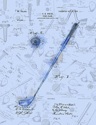 Sports Royalty-Free and Rights-Managed Images - Golf Club Patent Drawing Watercolor Blue by Bekim M