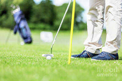 Sports Photos - Golfer putting ball in the hole on a golf course. by Michal Bednarek