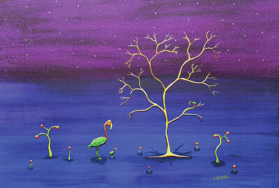 Surrealism Paintings - Gooniebirds meet tree on planet Pi by Amy Nordby
