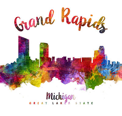 Skylines Paintings - Grand Rapids Michigan Skyline 23 by Aged Pixel