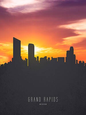 Skylines Paintings - Grand Rapids Michigan Sunset Skyline 01 by Aged Pixel