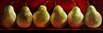 Food And Beverage Paintings - Green Pears on Red by Toni Grote