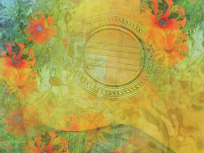 Musicians Painting Royalty Free Images - Guitar and Flowers 1 Royalty-Free Image by Faye Cummings