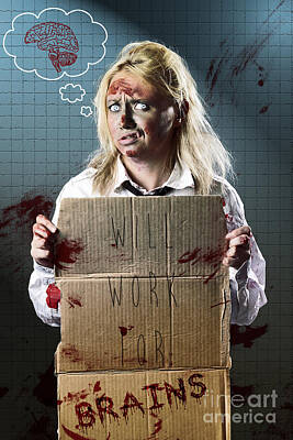 Comics Photos - Halloween horror zombie with unemployed sign by Jorgo Photography