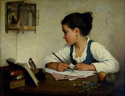 Music Tees - Henriette Browne - Girl Writing c.1870 by Henriette Browne