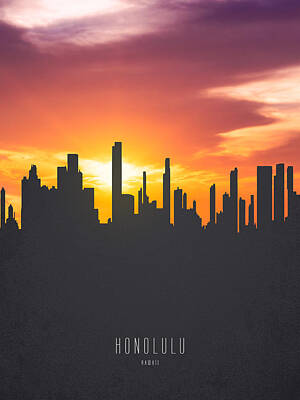 Skylines Paintings - Honolulu Hawaii Sunset Skyline 01 by Aged Pixel