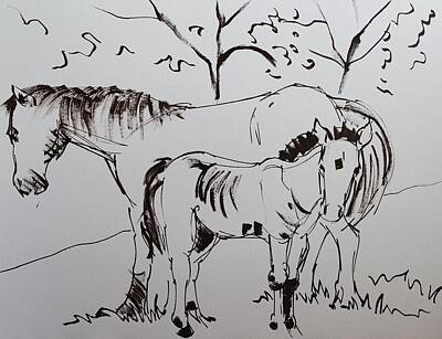 Animals Drawings - Horse and foal on Dartmoor drawing by Mike Jory