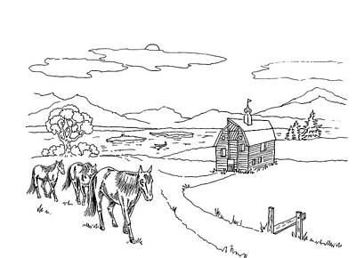 Animals Drawings - Horses On The Ranch Ink Drawing VI by Irina Sztukowski