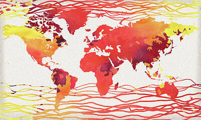 Chris Walter Rock N Roll - Hot Wave World Map Watercolor by Irina Sztukowski