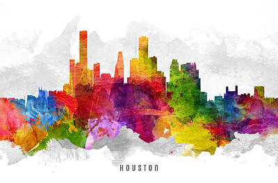 Skylines Paintings - Houston Texas Cityscape 13 by Aged Pixel
