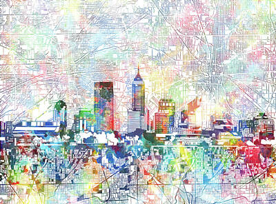 Abstract Skyline Paintings - Indianapolis Skyline Watercolor 7 by Bekim M