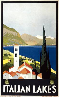 Landscapes Royalty-Free and Rights-Managed Images - Italian Lakes - Vintage Travel Poster - Landscape Illustration by Studio Grafiikka