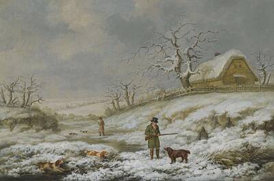 Cities Paintings - James Barenger LONDON 1780   1831 SNIPE SHOOTING IN A WINTER LANDSCAPE by James Barenger LONDON
