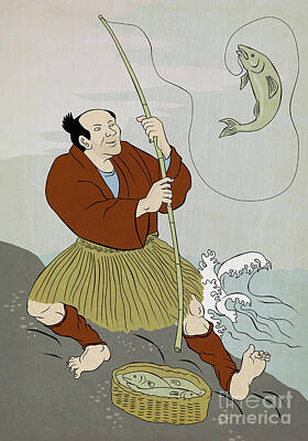 Animals Digital Art - Japanese fisherman fishing catching trout fish by Aloysius Patrimonio