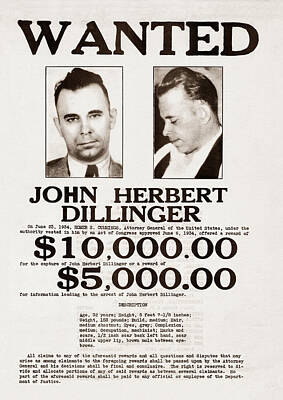 Portraits Photos - John Dillinger Wanted Poster by War Is Hell Store