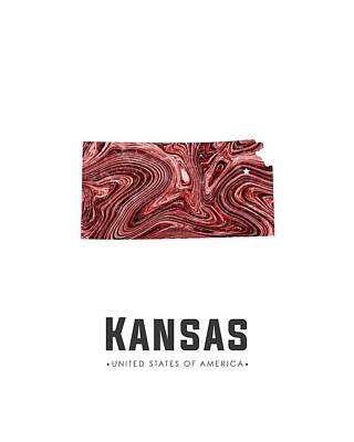 Abstract Mixed Media - Kansas Map Art Abstract in Deep Red by Studio Grafiikka