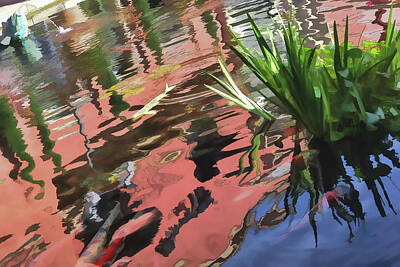 Lilies Digital Art - Koi Pond Reflections Abstract I by Linda Brody