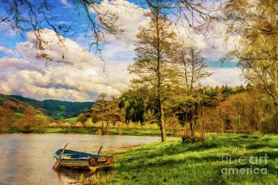 Thomas Kinkade Royalty Free Images - Landscape with Boat by Sarah Kirk Royalty-Free Image by Esoterica Art Agency