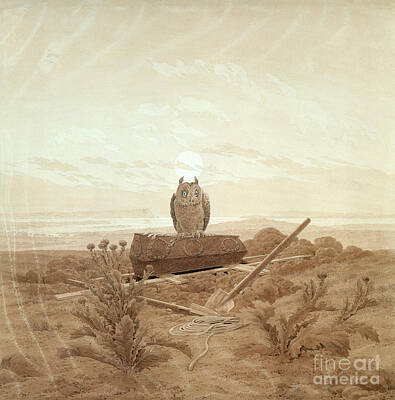 Landscapes Paintings - Landscape With Grave, Coffin And Owl by Celestial Images