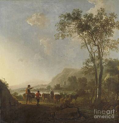Landscapes Paintings - Landscape with herdsman and cattle by Celestial Images