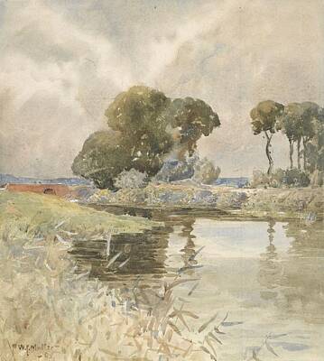 Landscapes Paintings - Landscape with river, England, by William Muller. by Celestial Images