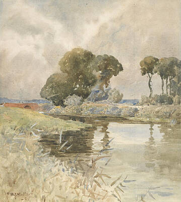 Landscapes Paintings - Landscape with river, England by Celestial Images