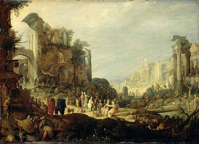 Food And Beverage Signs - Landscape with Roman Ruins and the Meeting of Rebecca and Eliezer, Willem van Nieulandt II  by Willem van Nieulandt
