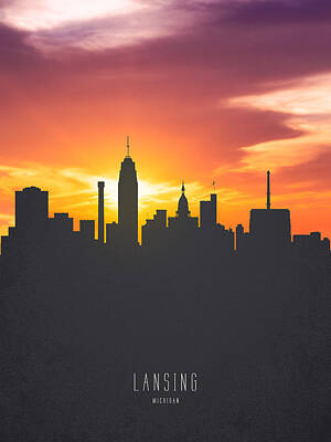 Skylines Paintings - Lansing Michigan Sunset Skyline 01 by Aged Pixel