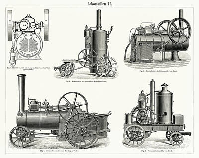 Steampunk Drawings - Lokomobilen, engine train and its compartments by Vincent Monozlay