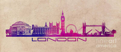 London Skyline Royalty-Free and Rights-Managed Images - London skyline city purple by Justyna Jaszke JBJart