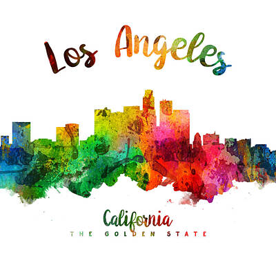 Skylines Paintings - Los Angeles California Skyline 24 by Aged Pixel