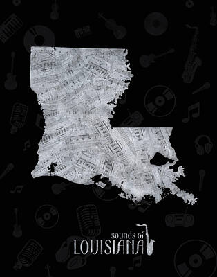 Music Royalty-Free and Rights-Managed Images - Louisiana Map Music Notes 2 by Bekim M
