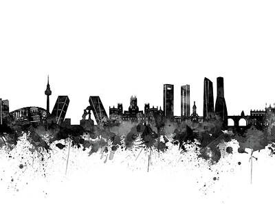 Abstract Skyline Digital Art - Madrid City Skyline Black And White by Bekim M