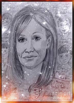 Best Sellers - Portraits Drawings - Magical Portrait of J K Rowling by Joan-Violet Stretch